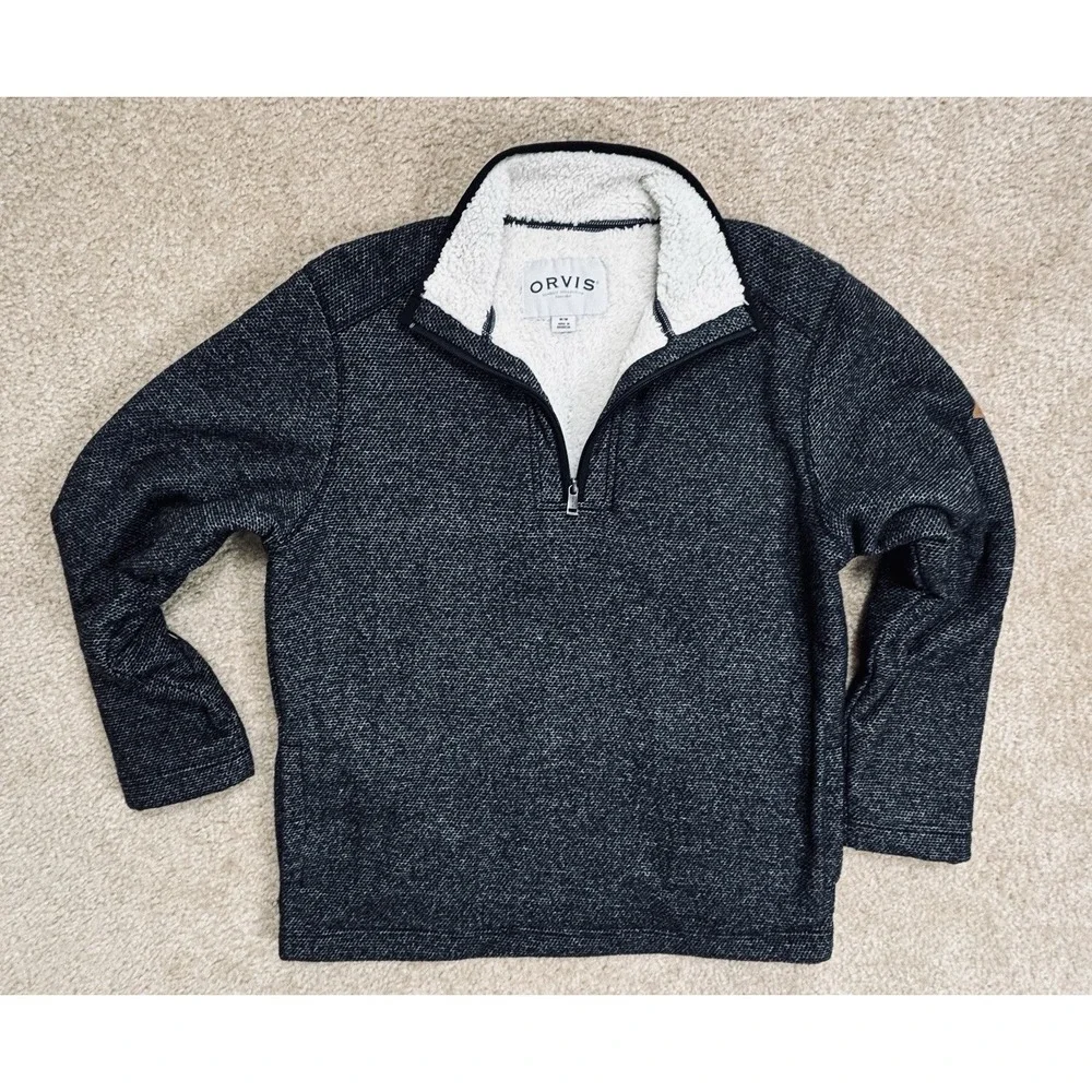 Orvis Brighton Mens Medium Sherpa Fleece Lined Quarter Zip Pullover Sweater Gray